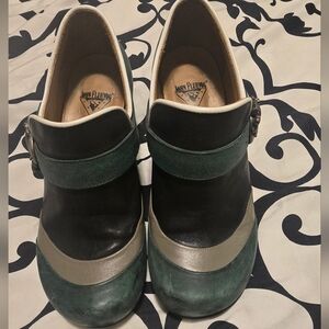 John Fluevog Green & Black Leather Buckle Clogs